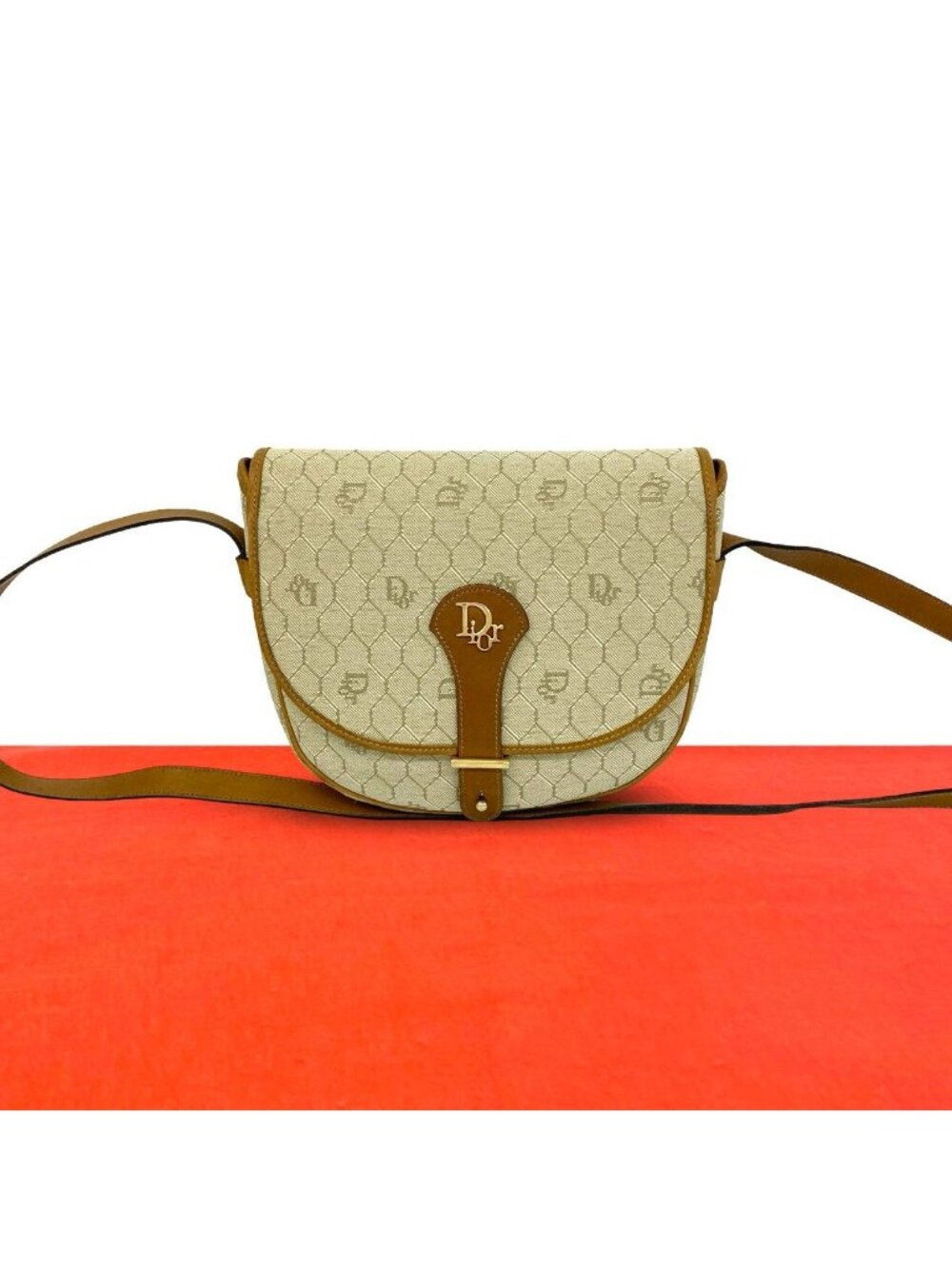 Dior Vintage Honeycomb Pattern Logo Leather Mini Shoulder Bag Khaki Brown